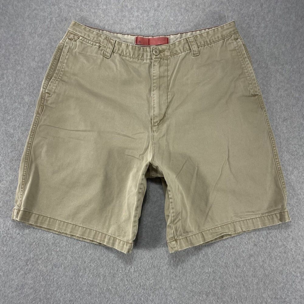 Arrow Shorts Mens 34x8 Tan Flat Front‎ Casual Khaki Chino Distressed Minimalist